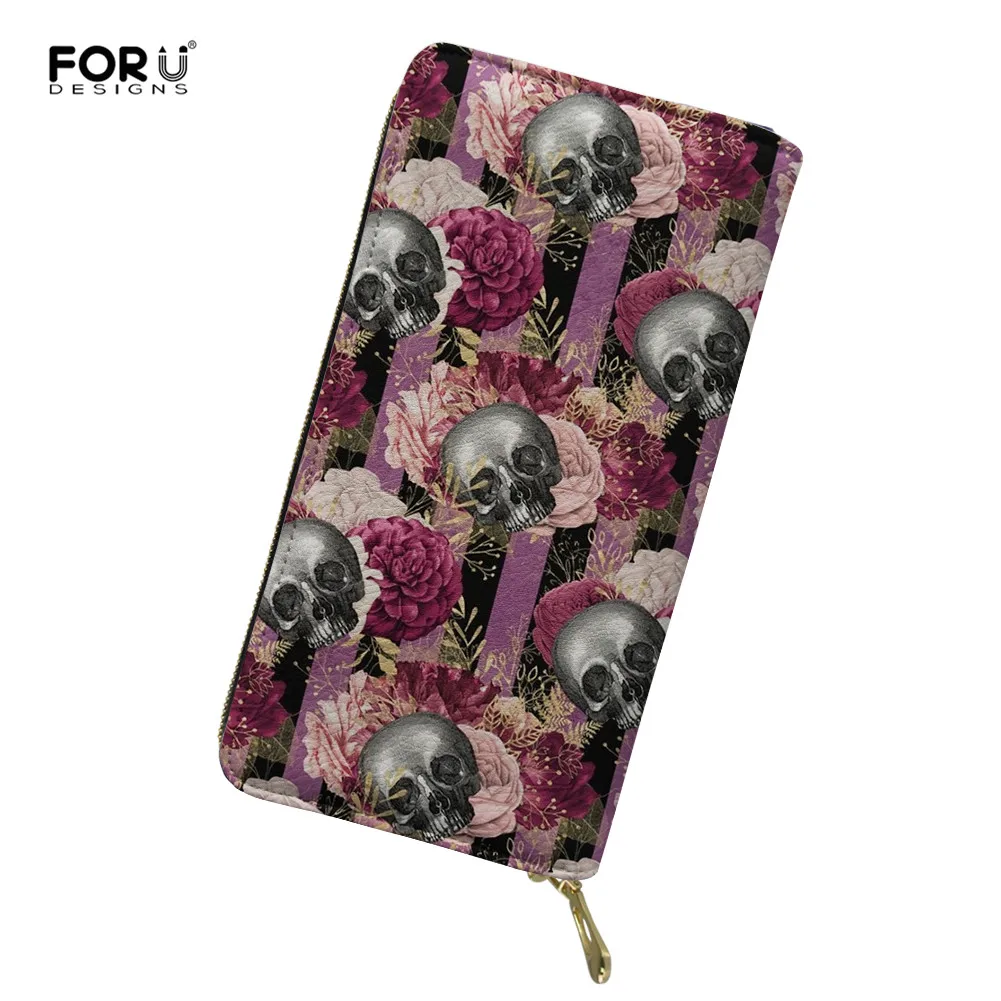 

FORUDESIGNS Pink Rose Skull Printed Pattern Plastic Inserts Woman Credit Card Holder Ladies PU Leather Wallet Organizer Stylish