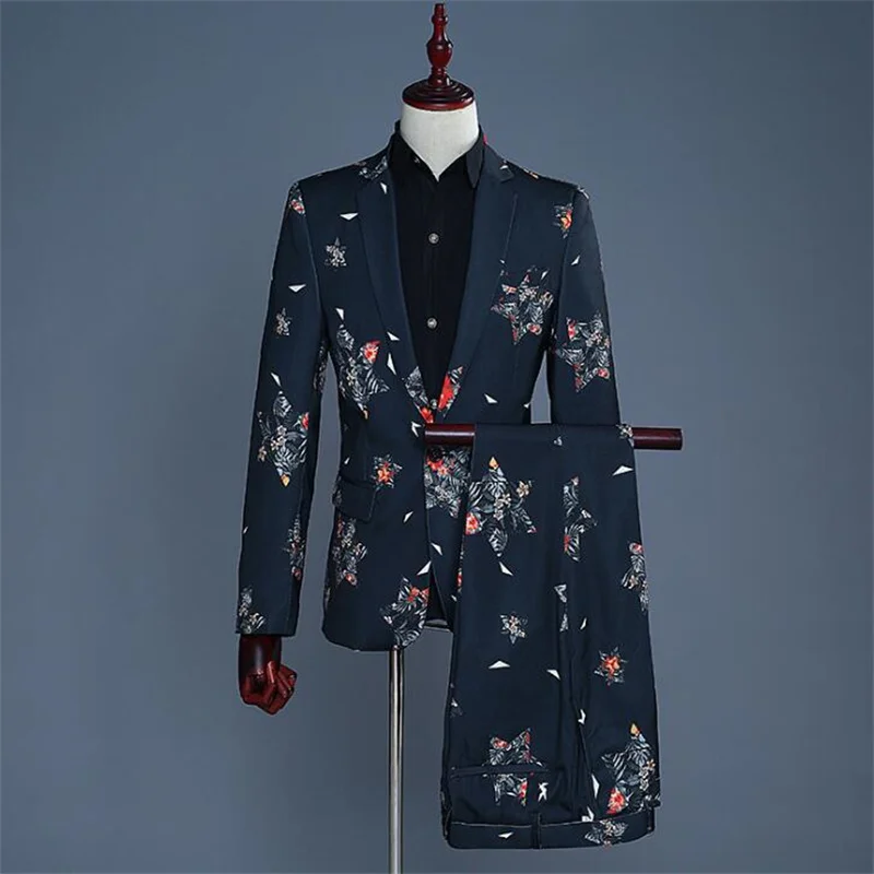 

Singer Pentagram printing stage clothing for men groom suit set with pants 2020 mens wedding suits costume man formal dress 2XL