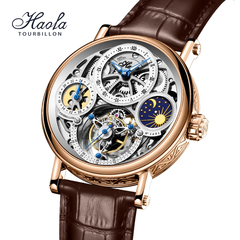 

Haofa Luxury Tourbillon Mechanical Watch Skeleton Movement 1601 Sapphire Wrist Watches For Men Waterproof GMT Dial Limited Case
