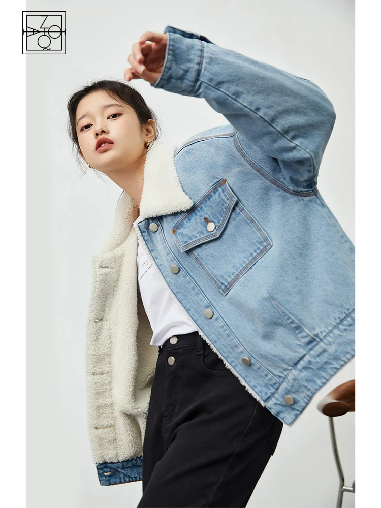 

Ziqiao Short Women Lamb Hair Denim Coat Female Winter 2021 New Korean Version Easing Thickening Warm Upper Denim Jacket