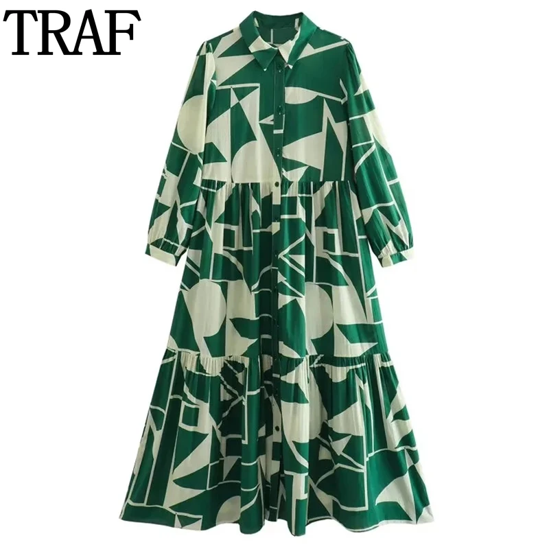 

TRAF Print Green Shirt Dress Woman Ruffle Pleated Long Dresses For Women 2023 Vintage Loose Women's Dress Summer Casual Dresses