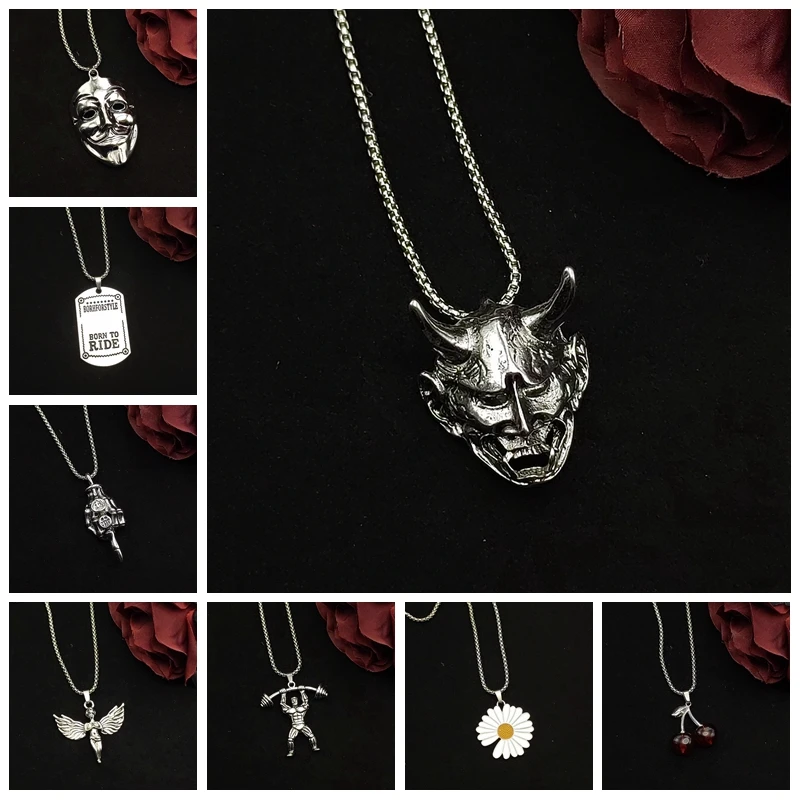 Hip-hop Gothic Rose Cross with Diamond Bear Rabbit Tiger Daisy Sheep Head Ghost Face Sign Star Pendant Necklace Party