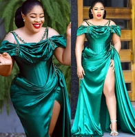hunter green satin evening dresses plus size sexy off shoulder front split crystal prom party gowns robe de mari%c3%a9e custom made