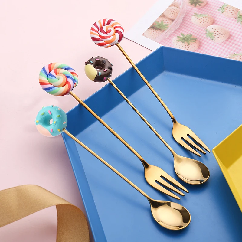 

Korean Coffee Spoon Cute Donut Mixing Spoon & Fruit Fork Stainless Steel Children Spoon Kitchen Accessories For Dessert Shop