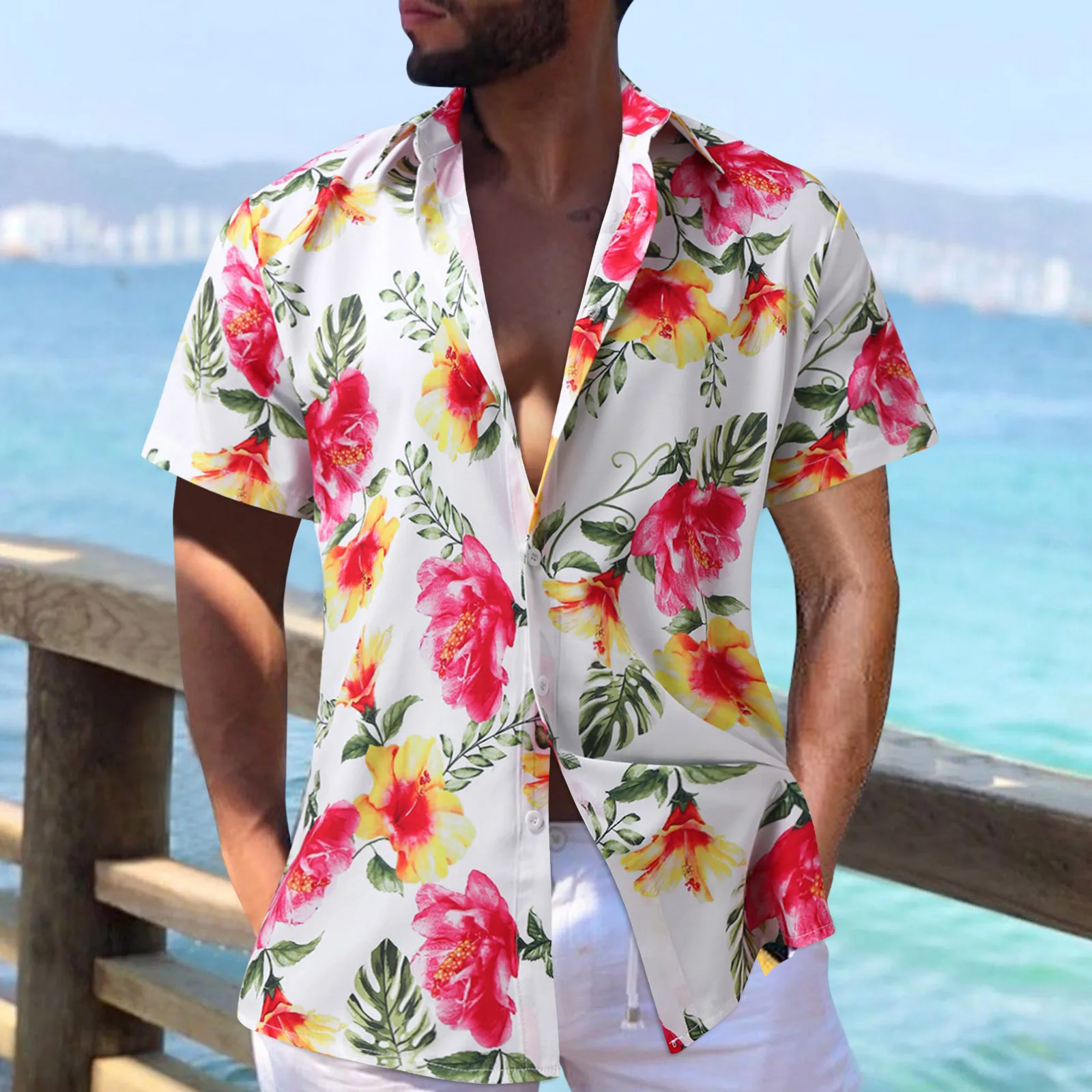 

Men Summer Printed Turndown Collar Casual Single Breasted Short Sleeve Shirts Short Sleeve Romper