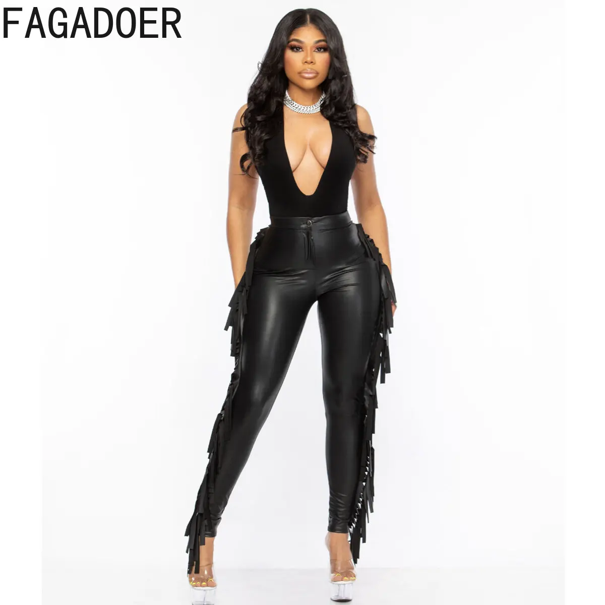 

Новинка осенне-зимние женские брюки из искусственной кожи FAGADOER, пикантные обтягивающие брюки с кисточками, модные женские однотонные трико