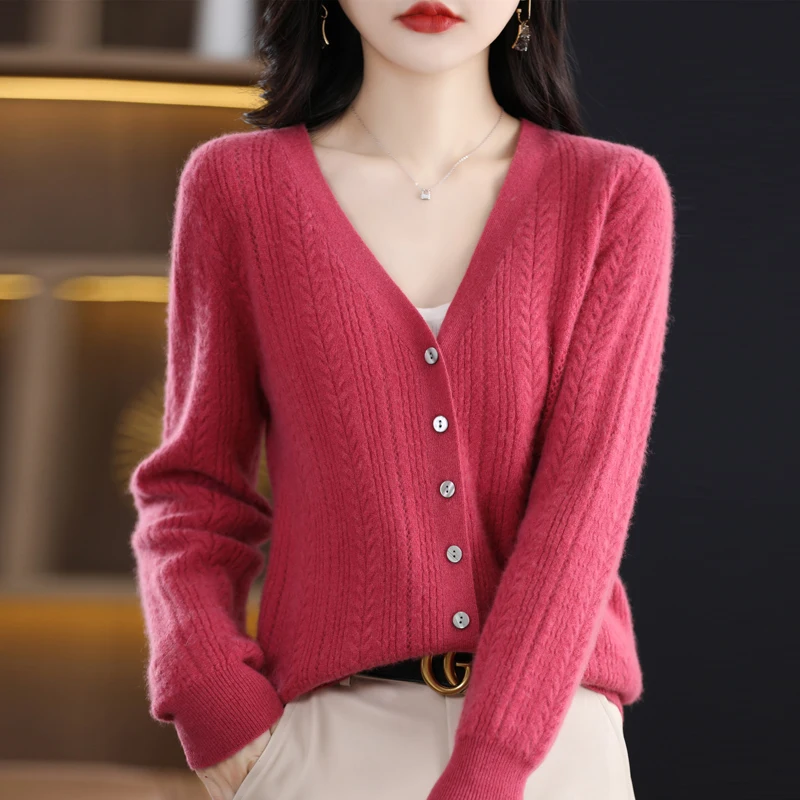 

Шерстяная куртка, кардиган, новый шерстяной топ из овечьей шерсти мериносов, универсальный цвет, вязаный Однотонный женский корейский осень 2023, чистый V-образный вырез