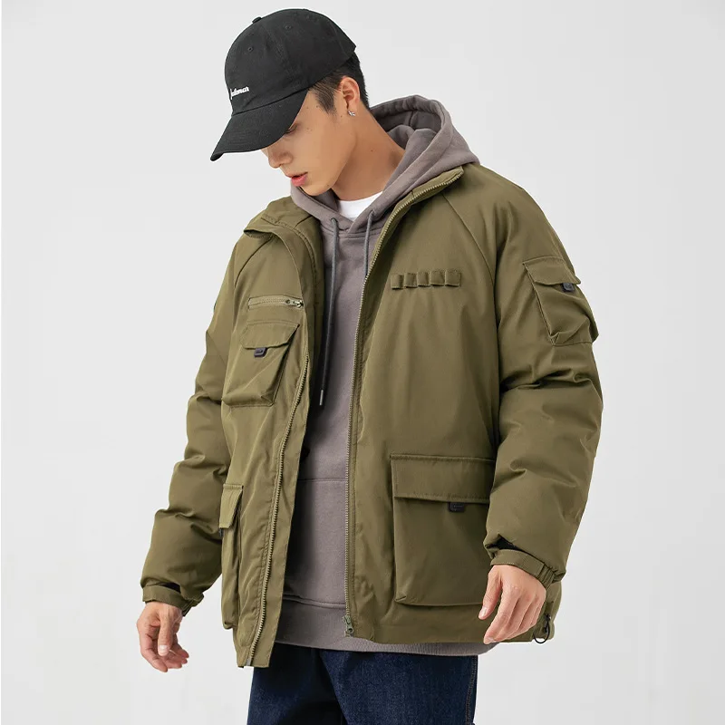 High Street Jacket Men Cotton Multi Pocket Stand Collar Thick Hooded Jackets Winter Warm Oversized Green Outdoor Coat Couple New