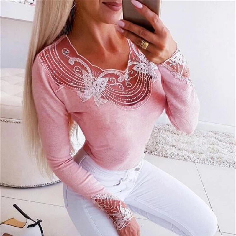 

Женская модная однотонная облегающая футболка, привлекательные Лоскутные топы с круглым вырезом и вышивкой, новый элегантный шикарный офи...