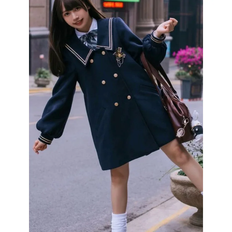 Xgoth двубортное темно-синее пальто весна-осень женское новогоднее твидовое