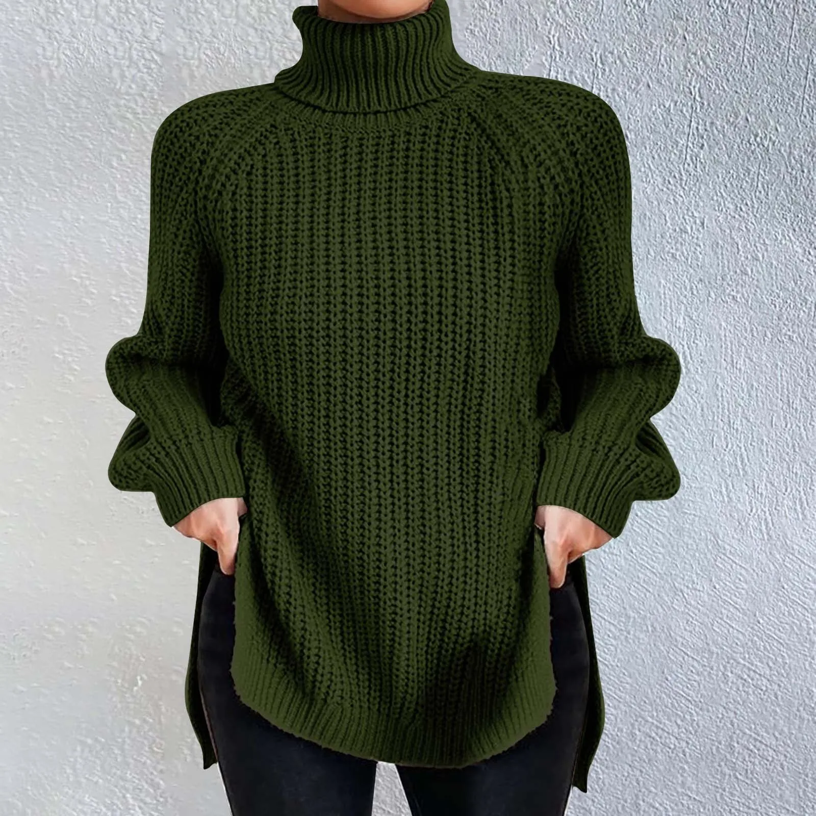 Модный однотонный пуловер с высоким воротом женский свободный крой повседневный