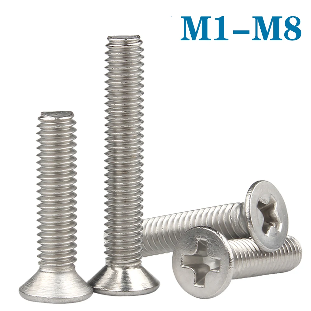 

50pcs M1 M1.2 M1.4 M1.6 M2 M2.5 M3 M3.5 M4 M5 M6 M8 304 Stainless Steel Cross Phillips Flat Countersunk Head Screw Bolt