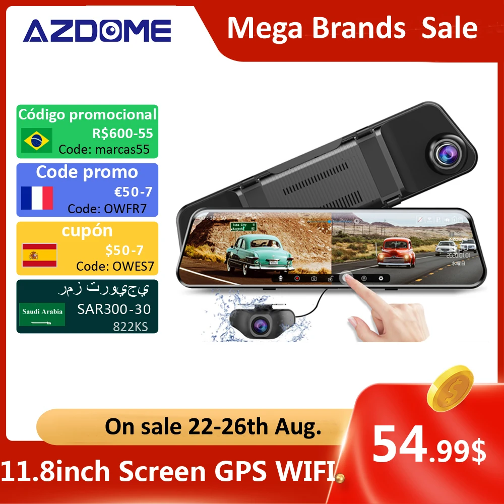 AZDOME Автомобильное Зеркало DVR GPS 1296P + 1080P Две камеры 11 8 дюймов сенсорный экран