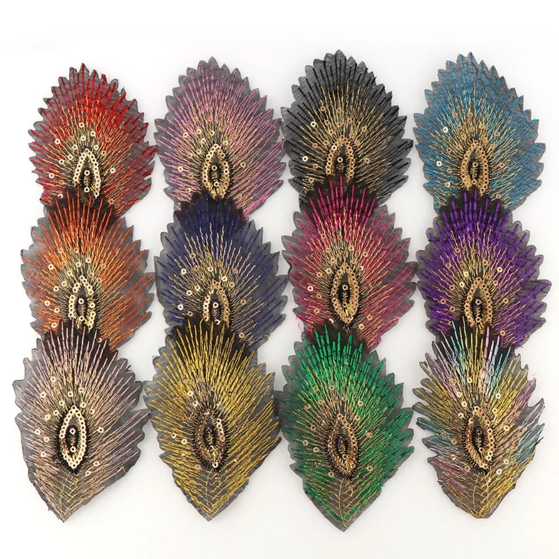 

H9ED 12pcs Assorted Feathers Sewing on Iron on Embroidered Patches Clothes Embroidered Applique Patch Craft