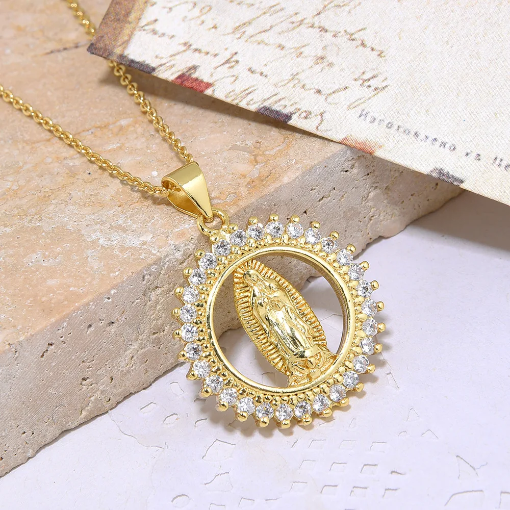 

Oval copper microinlaid zircon Virgin Mary pendant necklace for women