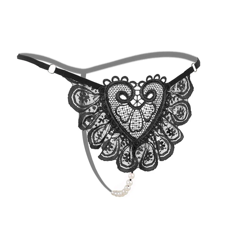

Lace Embroidery Women's Sexy Underwear Low Waist Ultra Thin Breathable Pearl Massage Thong Elastic T Pants