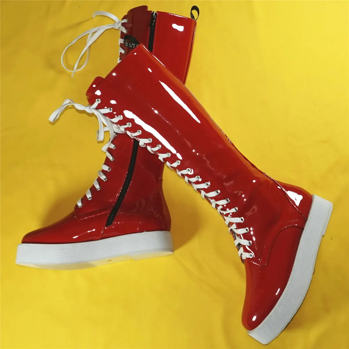 Red Fashion Sneakers Women Lace Up Patent Leather Knee High Boots Female Winter Round Toe Thigh High Platform Pumps Casual Shoes