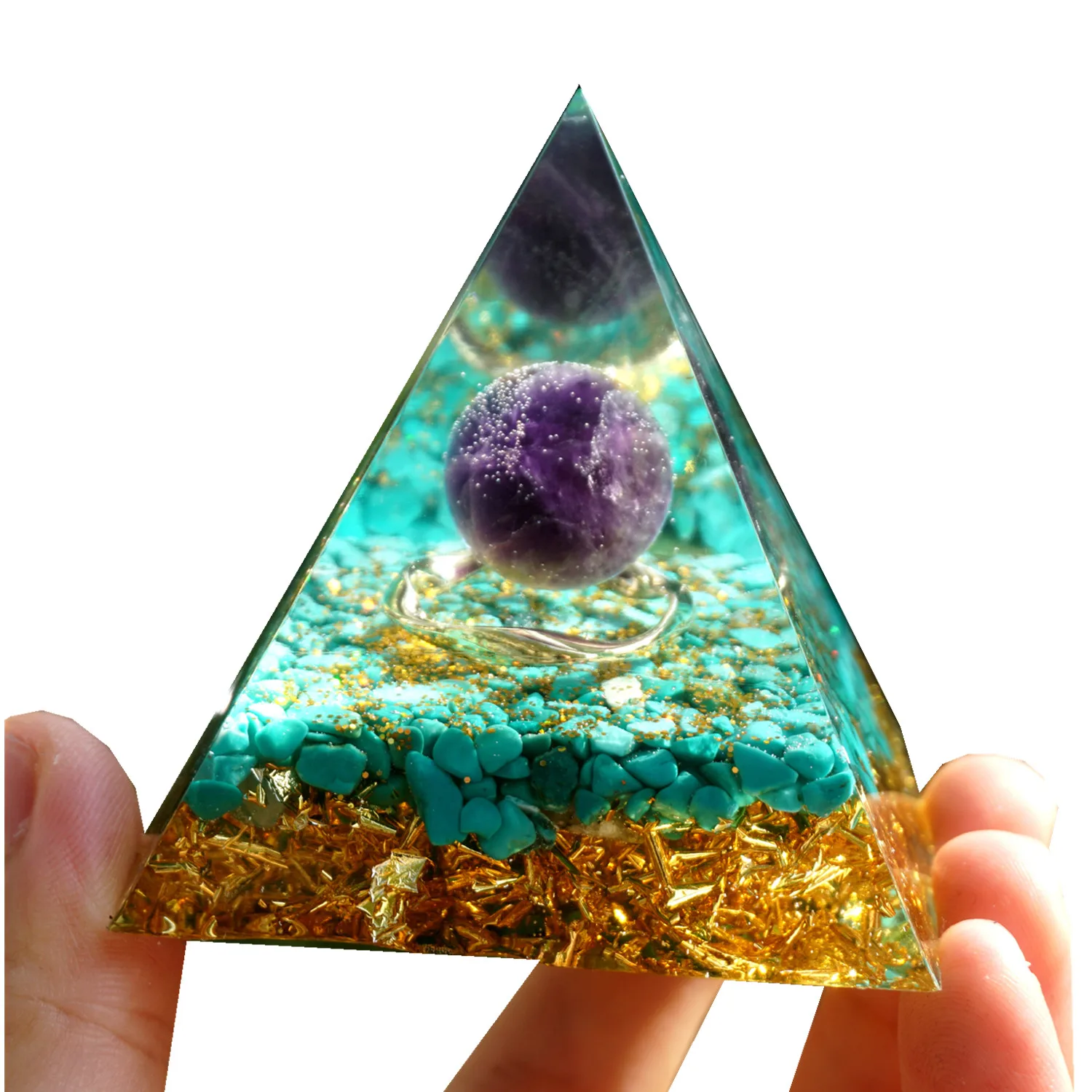 

Amethyst Sphere Orgone Pyramid with Turquoise Crystal Gemstone Orgonite EMF Protection Reiki Energy Healing Pyramids