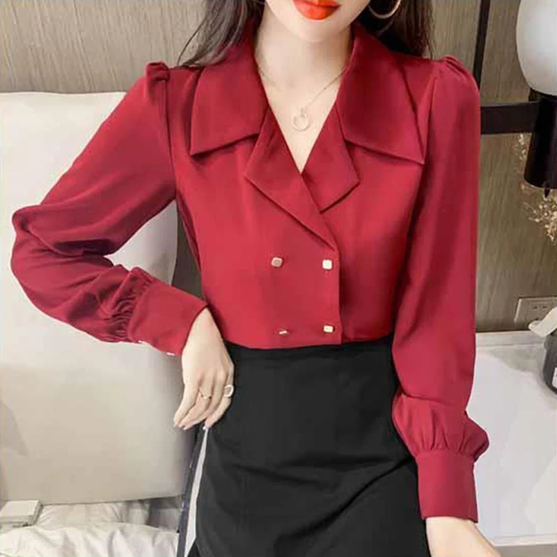 

Spring Autumn Fashion Korean Elegant Long Sleeve Office Lady Blouse Top Red Vintage Double Breasted Casual Loose Shirt Women New