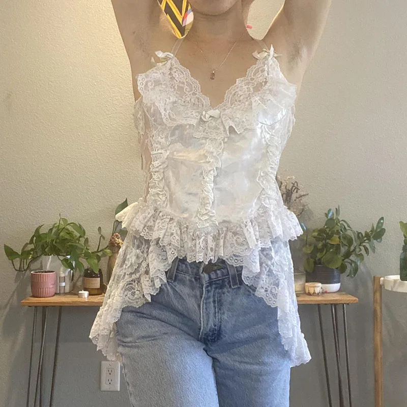 

Women's Crop Tops Summer Tank Tops Lace Spaghetti Strap Sleeveless Vest with Irregular Hem For Girls White Streetwear Y2k