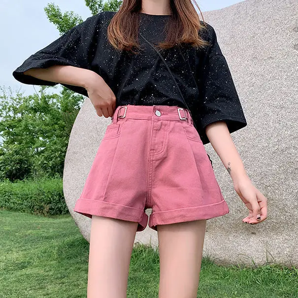 

2022 Women's Summer Fashion Loose Denim Shorts Female High Waist Casual A-line Shorts Ladies Thin Wide Leg Shorts Jeans D137