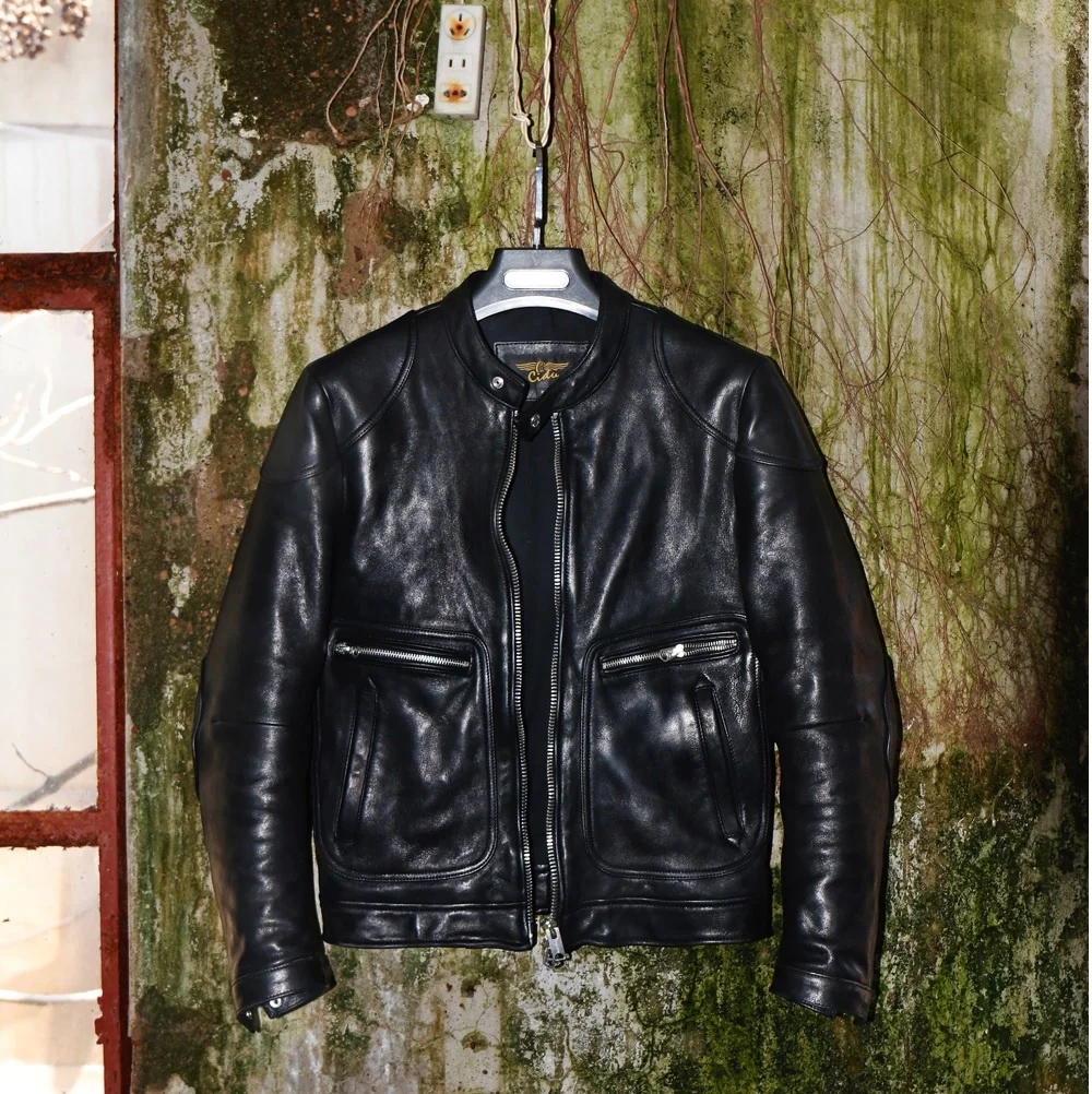 

YR!Free shipping.Oil wax tanning Genuine leather.fashion Brand Luxury vintage biker style Italy sheepskin jacket,men slim cool