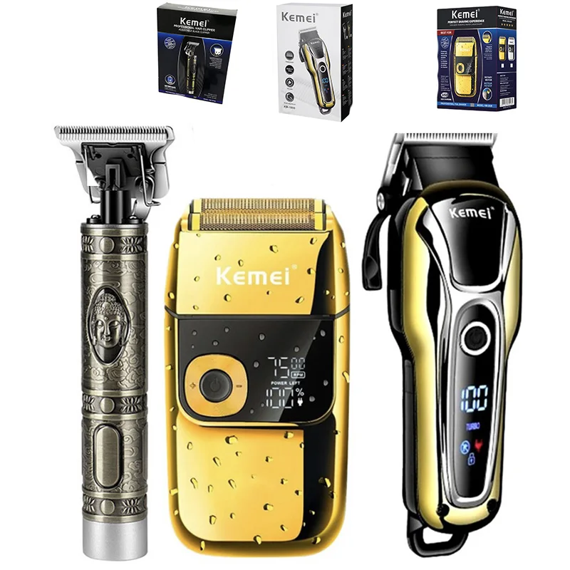 

Kemei Electric LCD Hair Clipper Cordless Trimmer Men Rechargeable Shaver Beard Barber Hair Cutting Machine Combo Grooming Kit