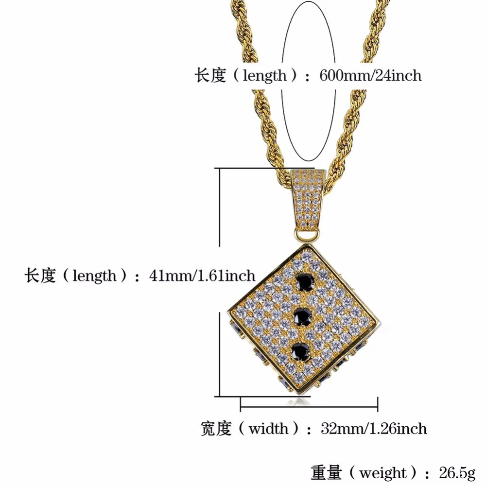 Full AAA+ Zircon Bling Ice Out Cartoon Lucky Dice Pendant Necklaces Gold Color Copper Men's Hip Hop Rapper Jewelry Drop Shipping