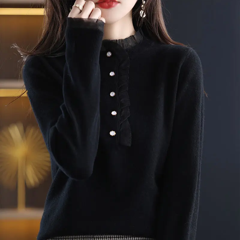 Autumn Winter Elegant Fashion Sweet Lace Patchwork Sweaters Top Women Loose Casual Pullover Ladies Knitting All-match Jumpers images - 6