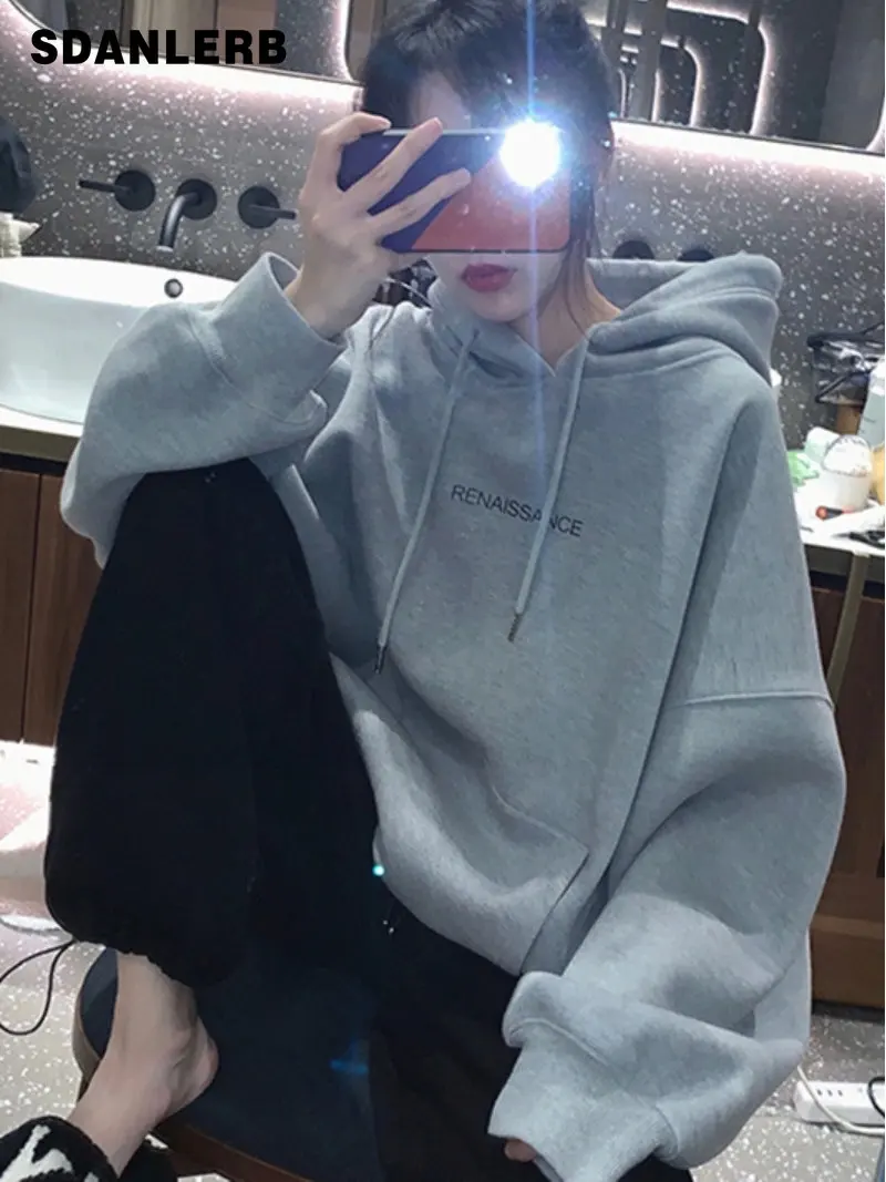 New Early Autumn Gray Hooded Women's Sweatshirt Lazy Style Long Sleeve Simple Outer Wear Loose Pullover Female Midi Clothing