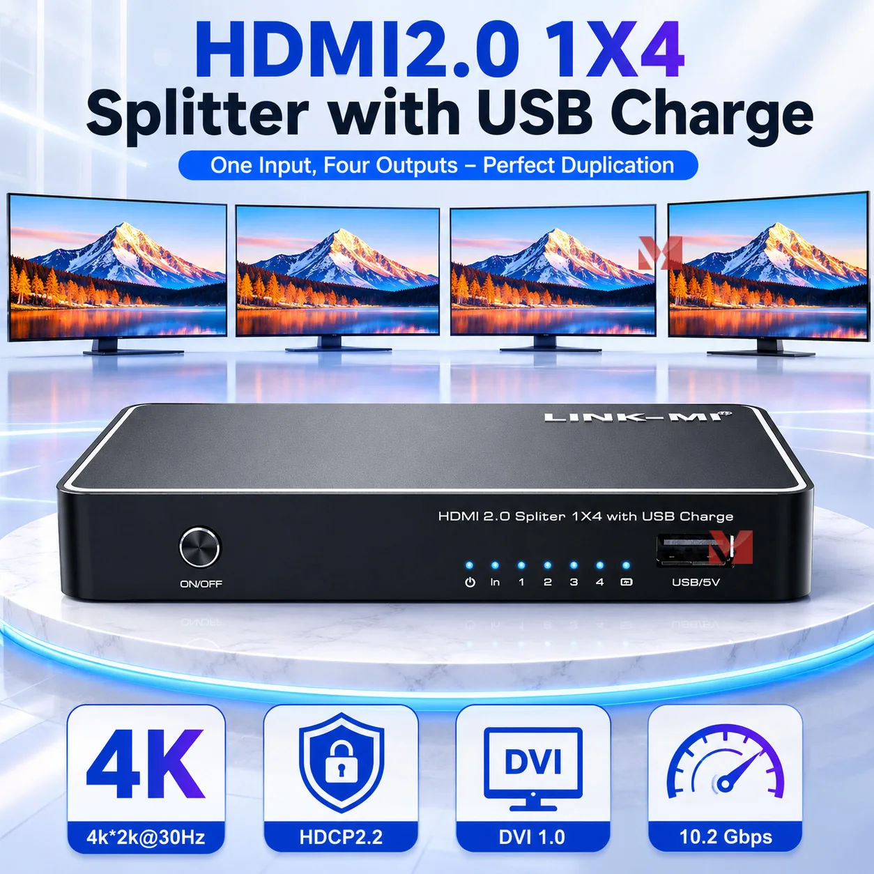 Фото Разветвитель HDMI 2.0 (1 вход, 4 выхода) с поддержкой зарядки через USB, 4K2K@60Hz, YCBCR 4:2:0, RGB 4:4:4 для мультидисплейных систем и видеооборудования №1
