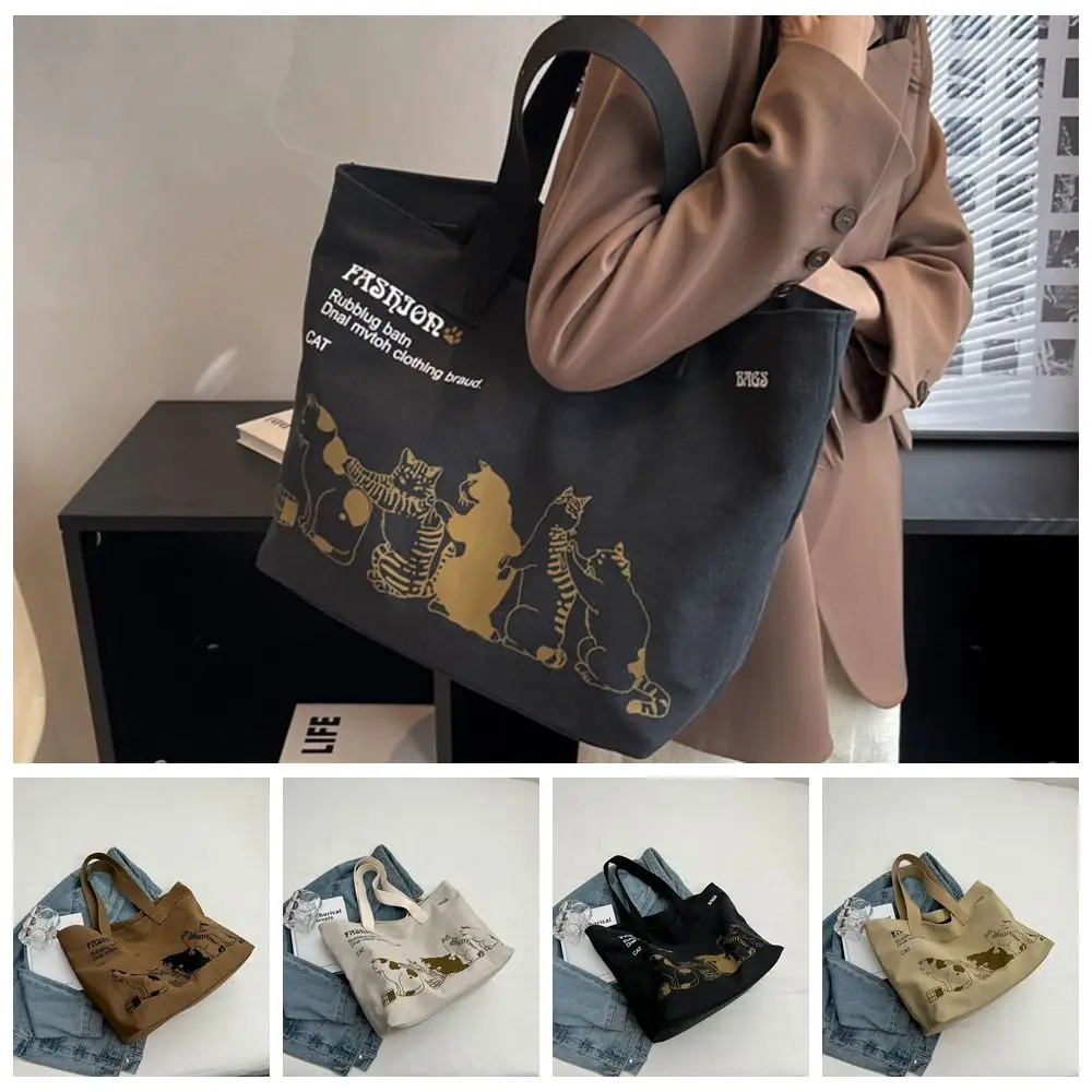

Animal Cat Tote Bag Foldable Large Capacity Canvas Letter All-match Streetwear