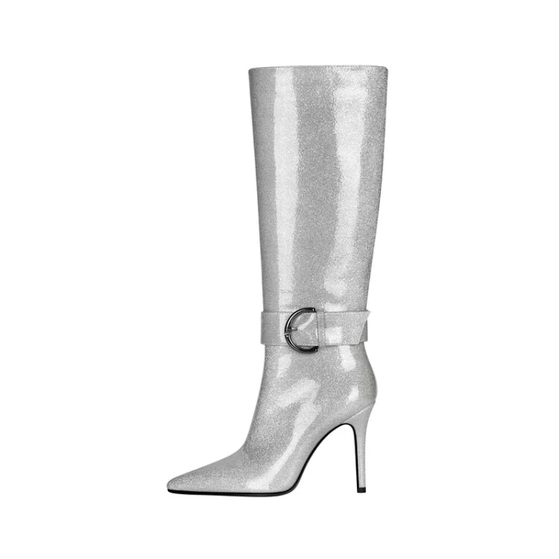 2023 Pointy stiletto Knight boots Fashion show fashion boots Silver sequined patent leather high boots M6166