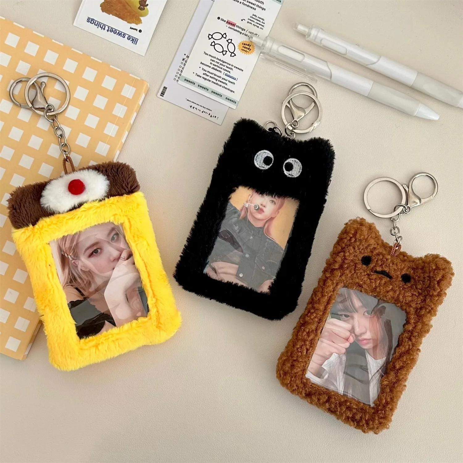 Милый кошелек для кредитных карт в виде медведя, кролика, защитный плюшевый женский кошелек для визиток, прозрачный держатель для карт для студентов с брелоком