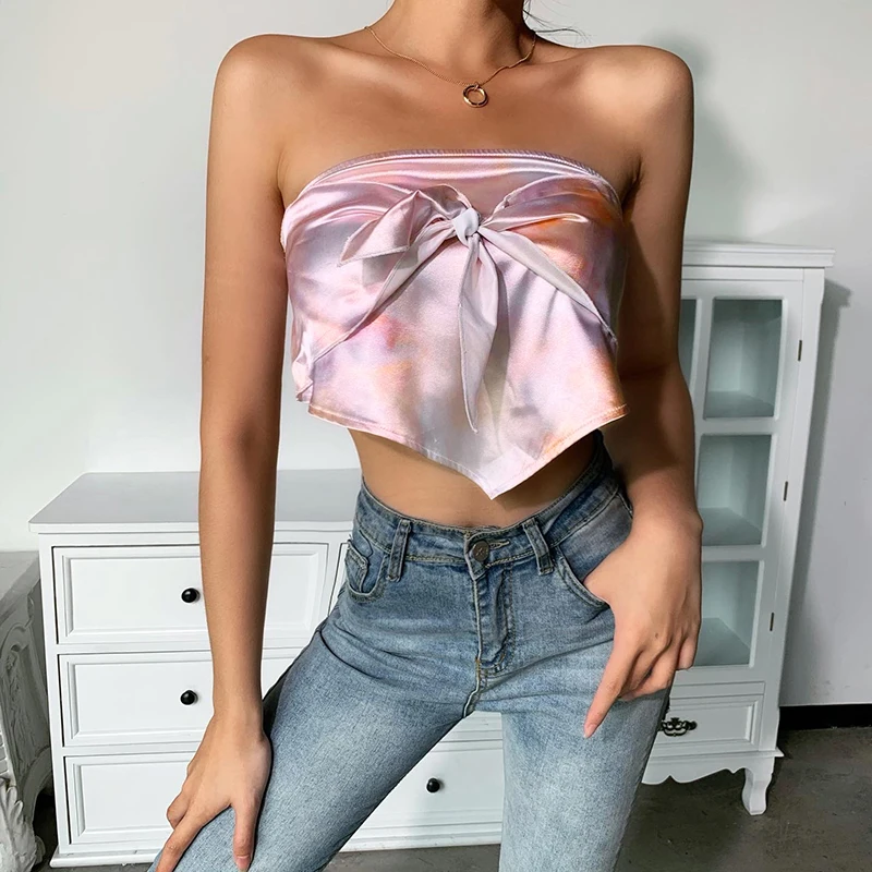 

Asymmetric Strapless Stretch Backless Casual Streetwear Summer New Fashion Tube Tops Tank Tops Clubwear Women Pink Bow Crop Tops