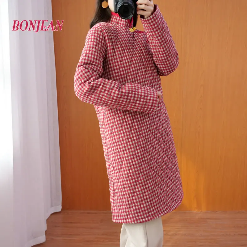 2022 Winter Fashion Rhombus Parka Good Quality Dress Suit Loose A-line Skirt Long Sleeve Warm Cotton Chinese Style Boho Dresses