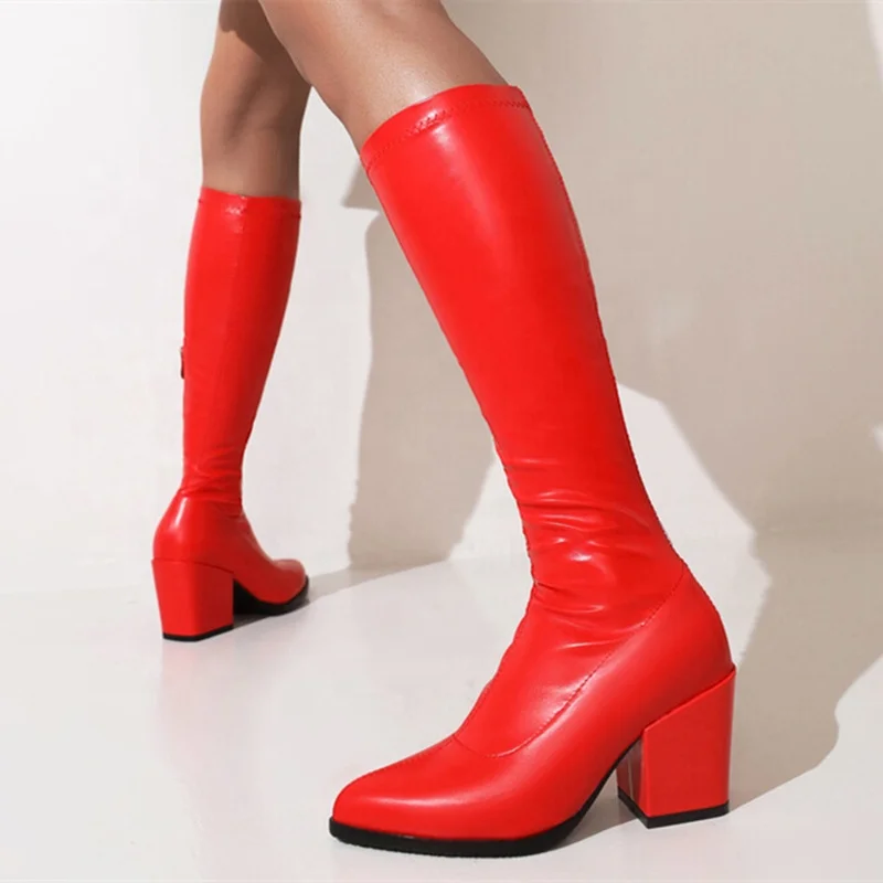 Popular Pointy Toe Style Solid Boots Shoes for Girls Women Side Zip Chunky High Heel Boots Knee High Daily Shoes Size 48