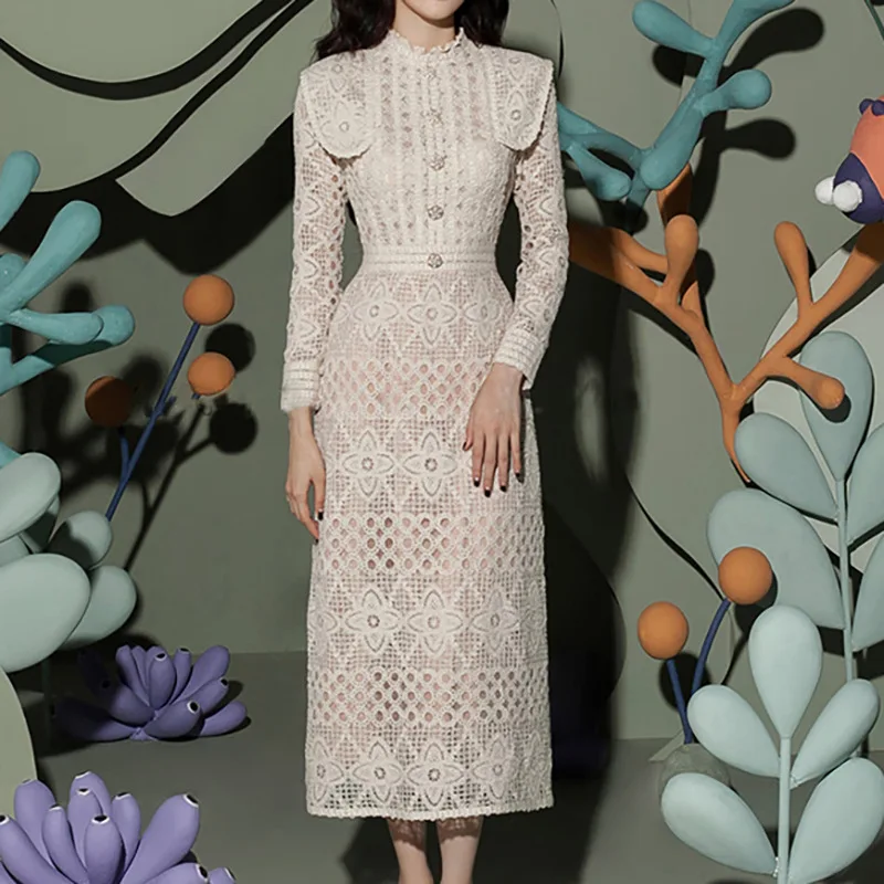 

Vietnam Brand Dress 2022 Spring New Temperament Long Sleeve Gather Waist Cut-Out Design Water-Soluble Lace Long Dresses