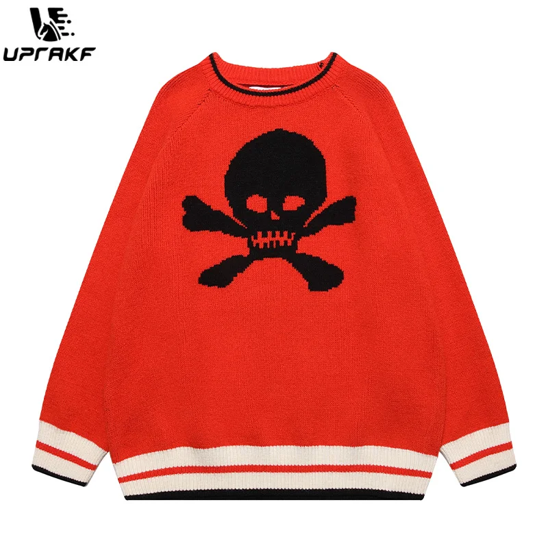 

UPRAKF Skull Graphic Sweater Loose Long Sleeves Fashion O Neck Trendy Pullovers Vintage Striped Rib Sleeve
