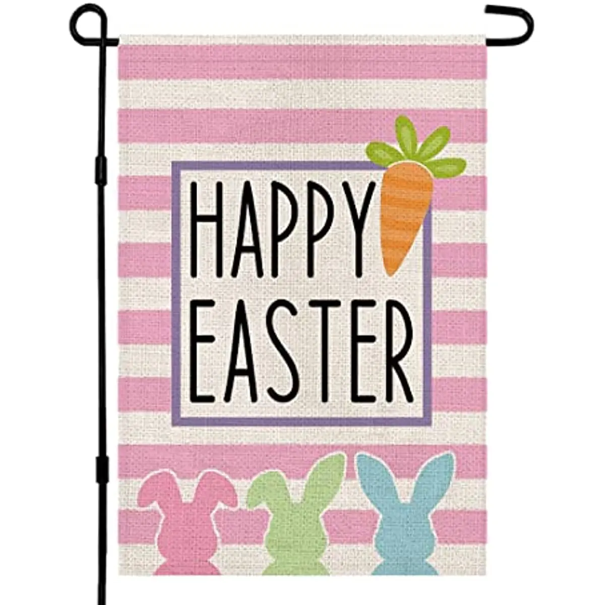 

Pink White Stripe Happy Easter Bunny Garden Flag Double Sided Vertical Burlap 12x18 Inch Rabbit Outdoor Yard Farmhouse Decor