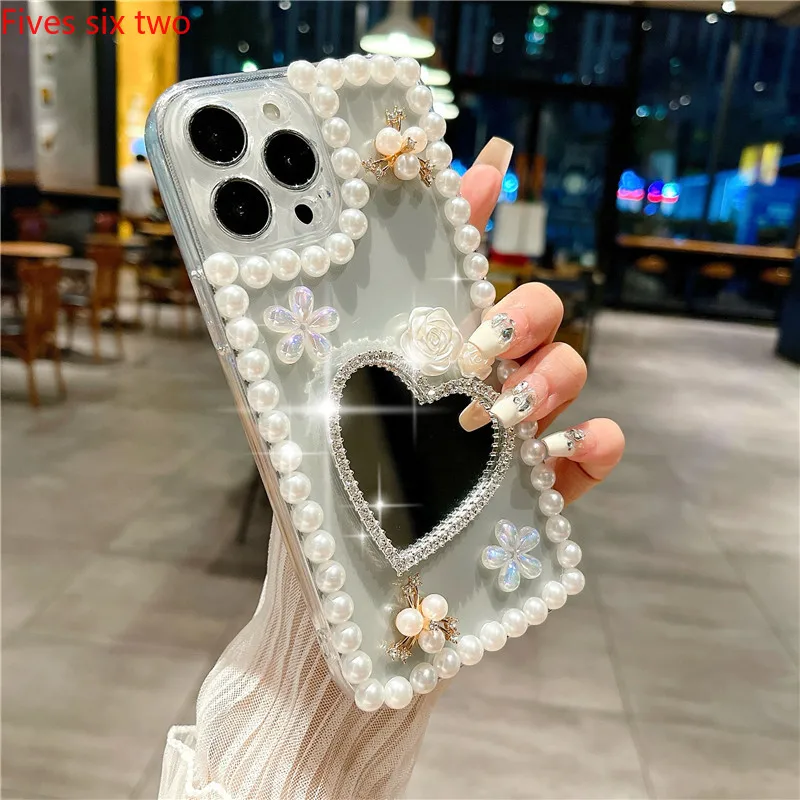 Прозрачное зеркало для макияжа с жемчужным сердцем подходит Huawei Nova 12i 11i 8i 7i 3i 5T Y9S