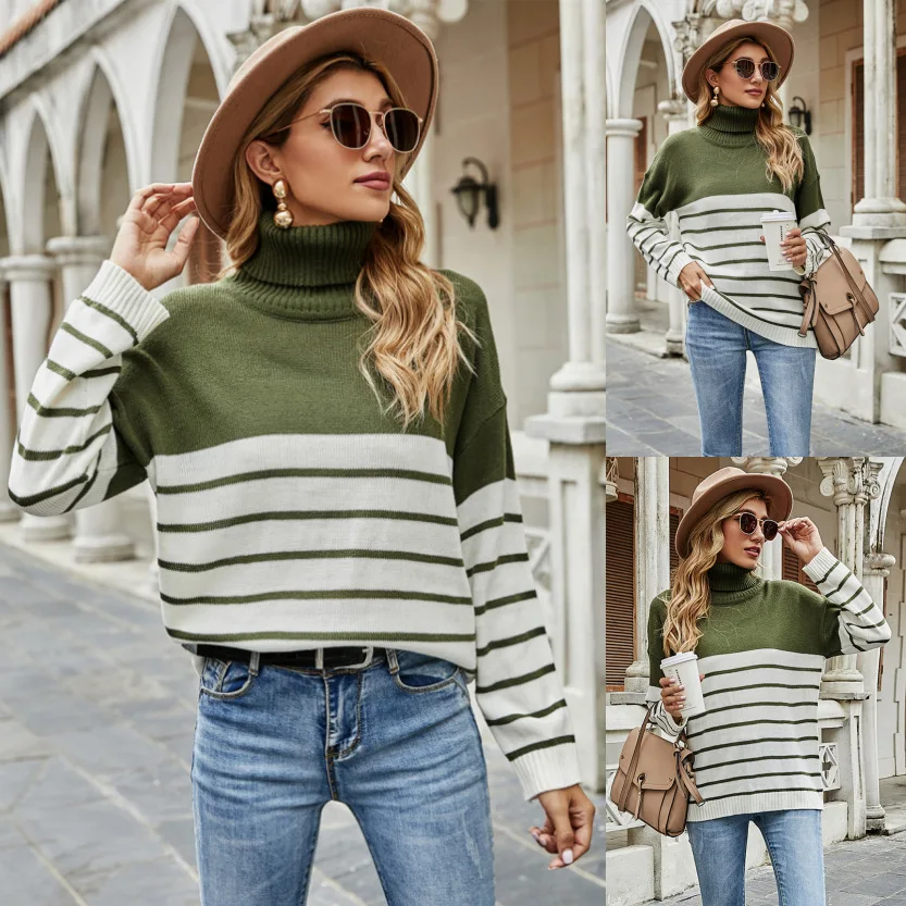 

Женский вязаный пуловер-водолазка в полоску, Осень-зима