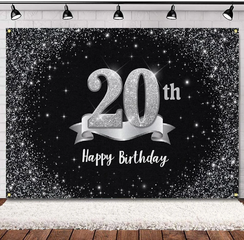 

Фон для фотосъемки с 20-летним Днем Рождения Декор для вечерние баннер поставки для женщин и мужчин-черный Серебряный плакат