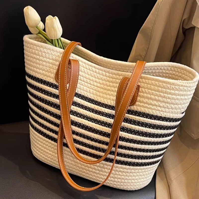 Женская Соломенная Сумка-тоут вместительный саквояж на плечо плетеная сумочка
