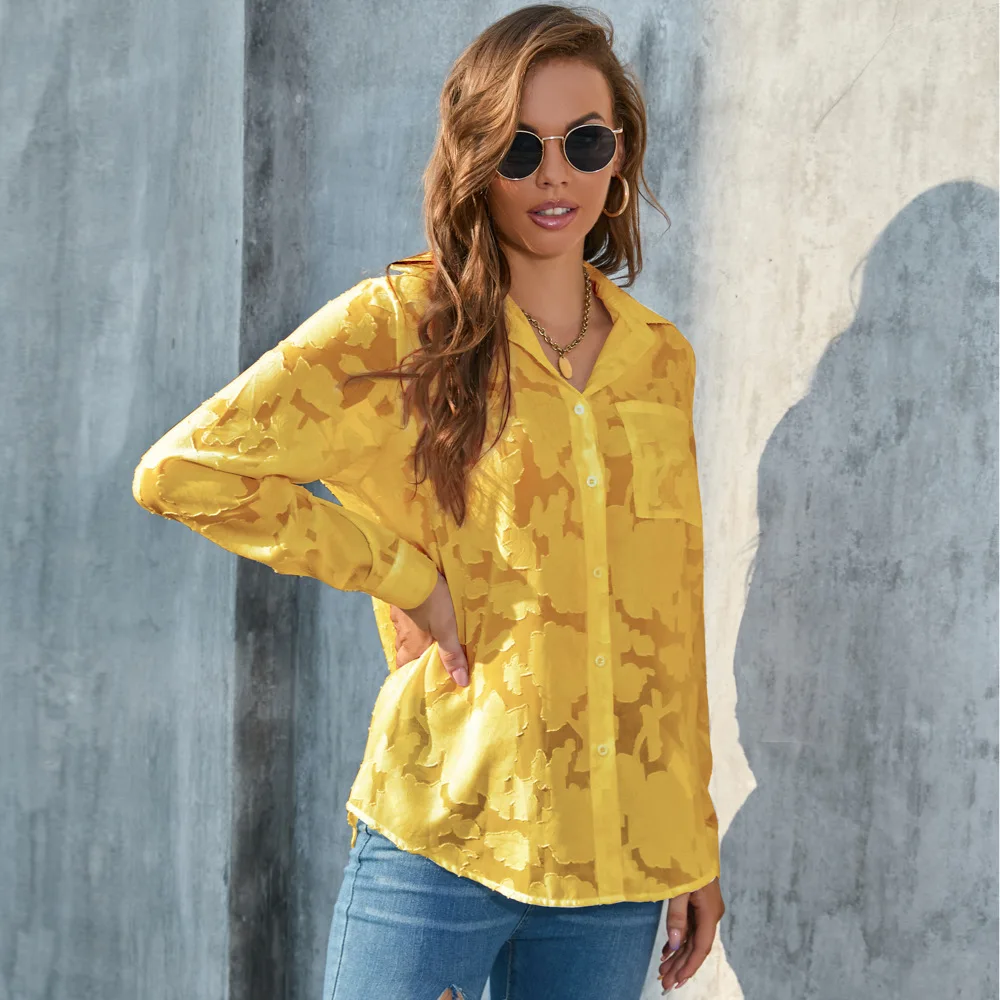 

2022 Autumn Chiffon Women's Shirt Lapel Long Sleeve Single Breasted Print Pocket Shirts Female Fashion Elegant Office Ladies Top