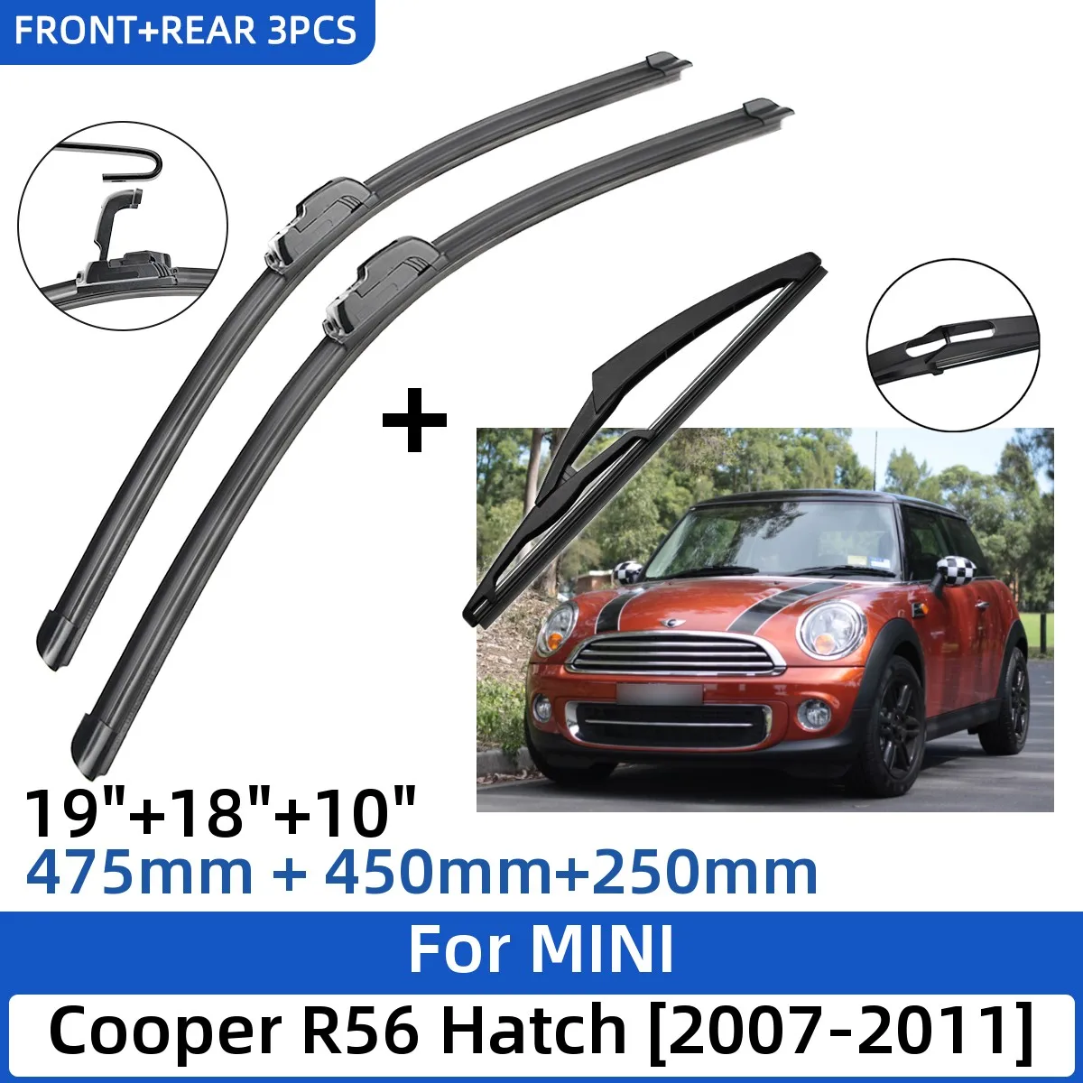 

3PCS For MINI Cooper R56 Hatch 2007-2011 19"+18"+10" Front Rear Wiper Blades Windshield Windscreen Window Cutter Accessories