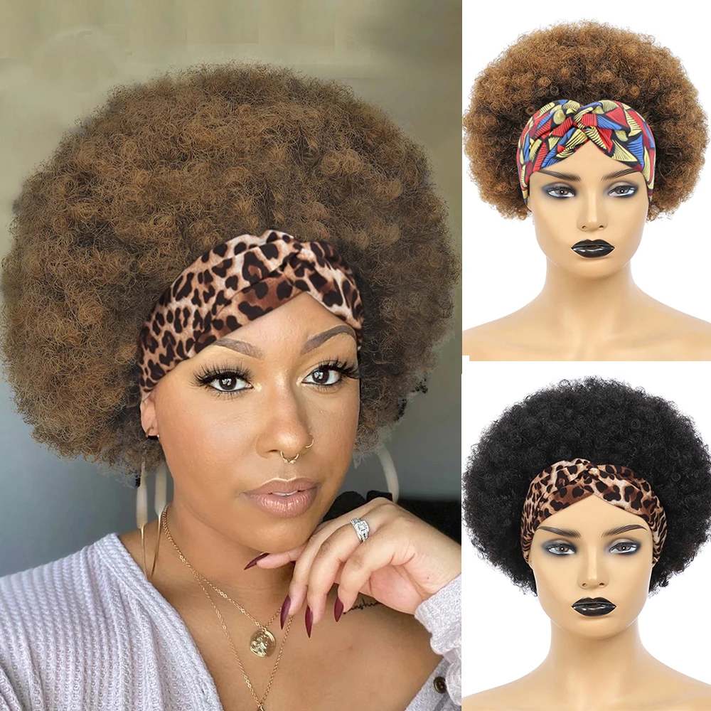 Afro Headband Wig Short Kinky Curly Wigs for Black Women Natural Black Glueless Wig with Headbands Free Attached Daily Use
