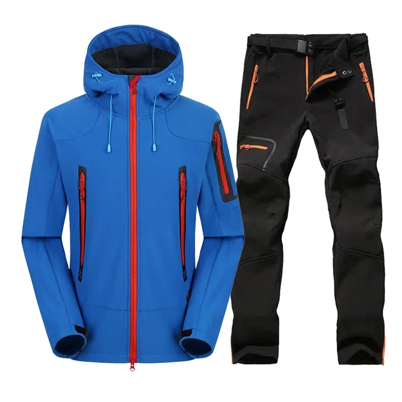 Męska zimowa kurtka z miękkiej skorupy + spodnie wodoodporna ciepła górska kempingowa zewnętrzna polarowa oddychająca wiatrówka