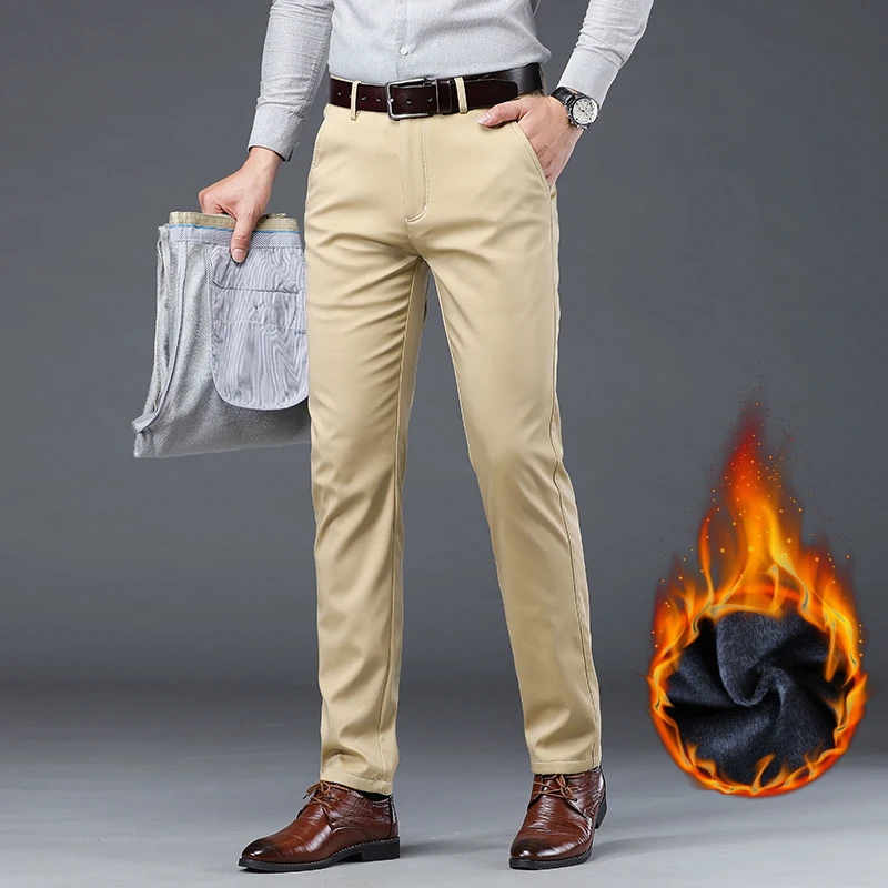 

Men's Winter Fleece Fluff Thicken Warm Casual Pants Men Business Straight Elastic Thick Cotton Gray Trousers Male