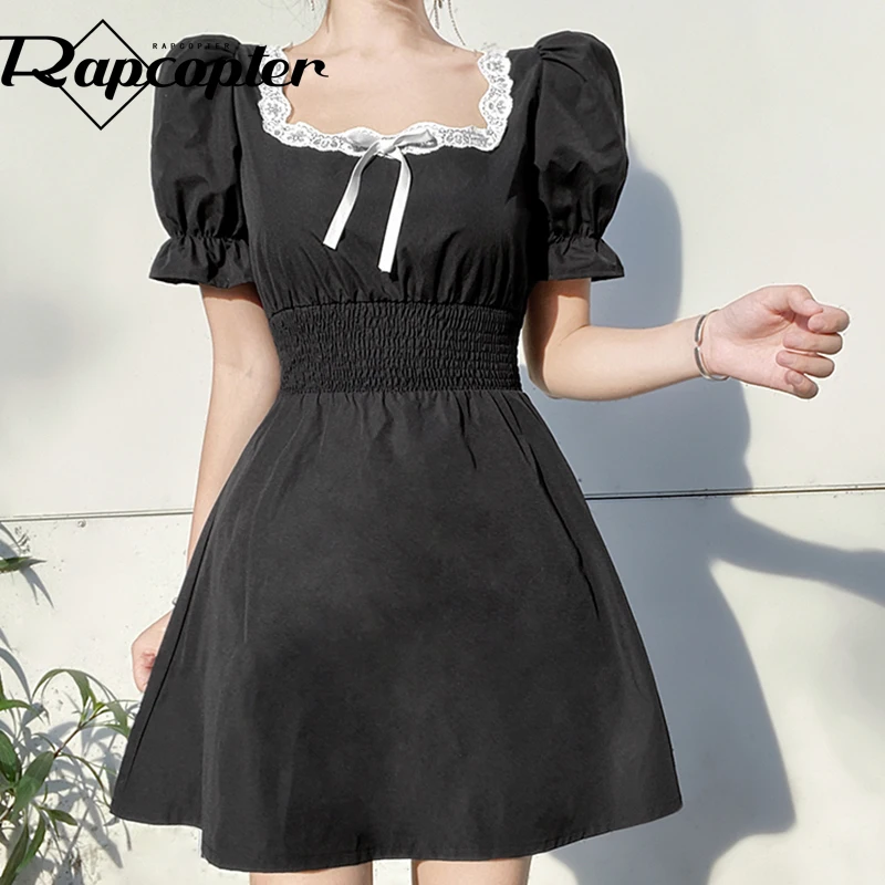 

Rapcopter y2k Lace Square Collar Sundress Bow Cute Sweet Prepply A-Line Mini Dress Women Ruched Korean Short Sleeve Retro Dress